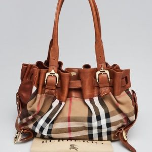 Burberry Brown Leather House Check Canvas Tote Bag